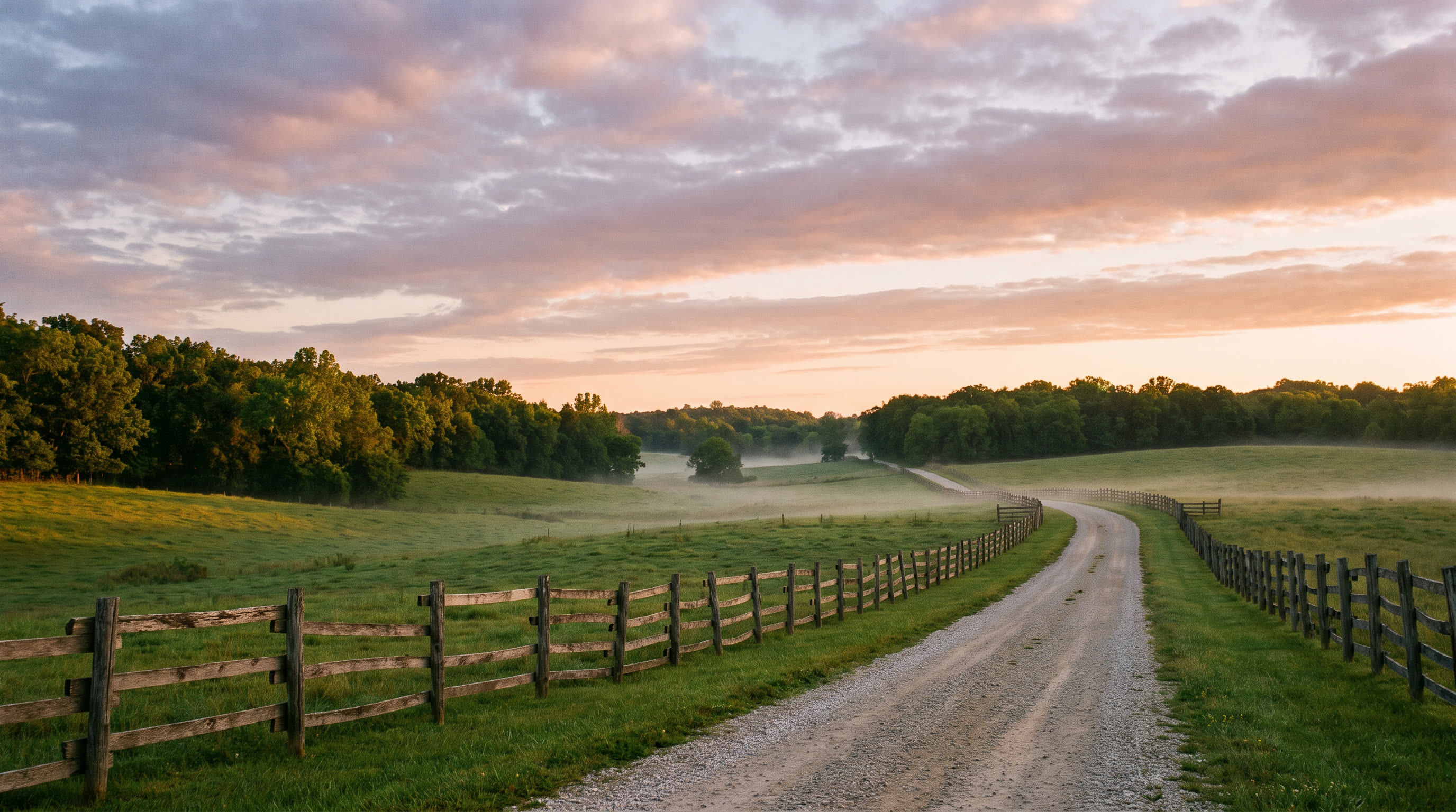 A wooded rural Lincoln County, Missouri property at sunrise with dense tree lines along a gravel road