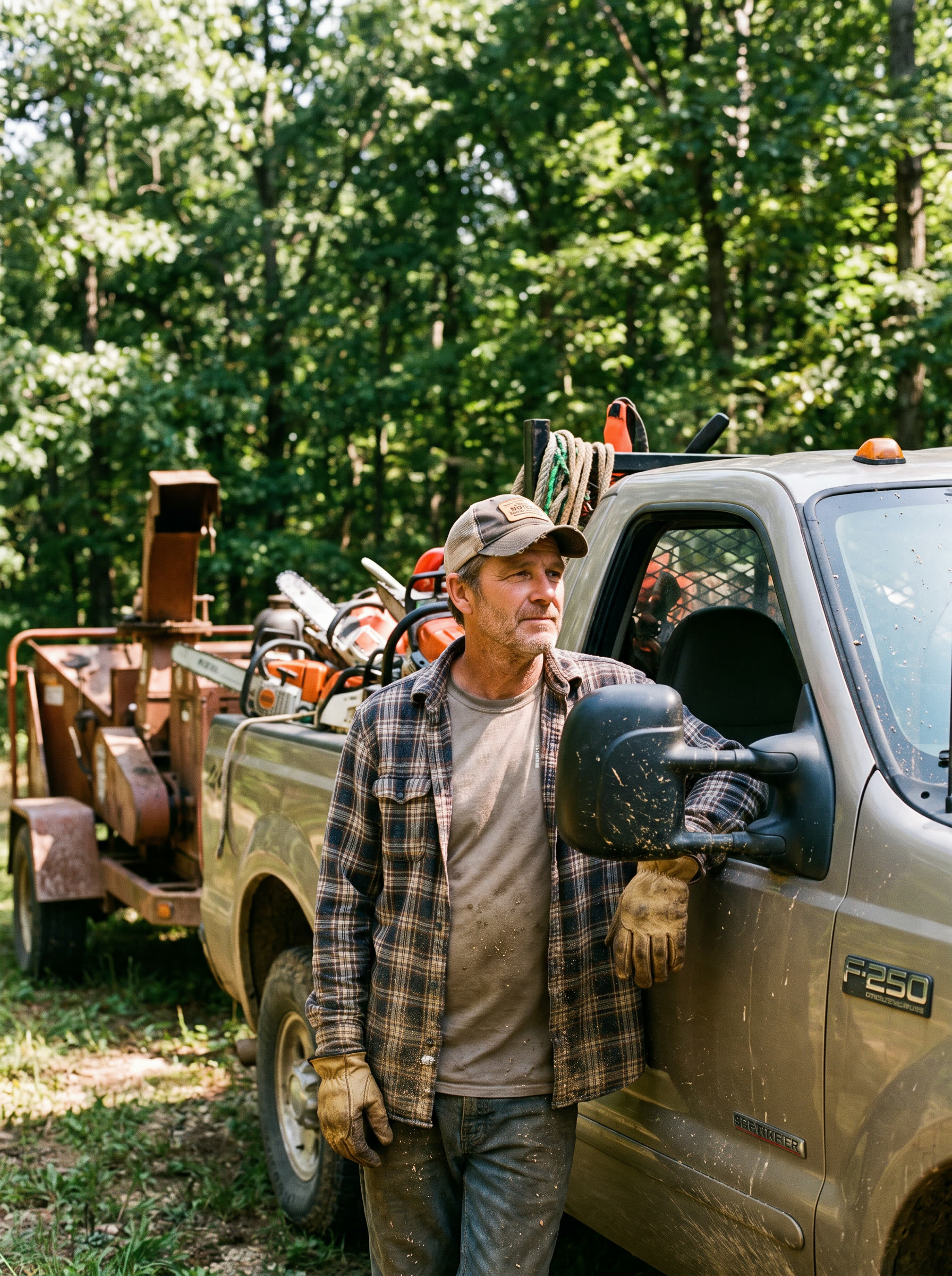 Kelly Skaggs of Skaggs Tree Service standing beside a work truck loaded with chainsaws and tree-trimming equipment in rural Lincoln County, Missouri