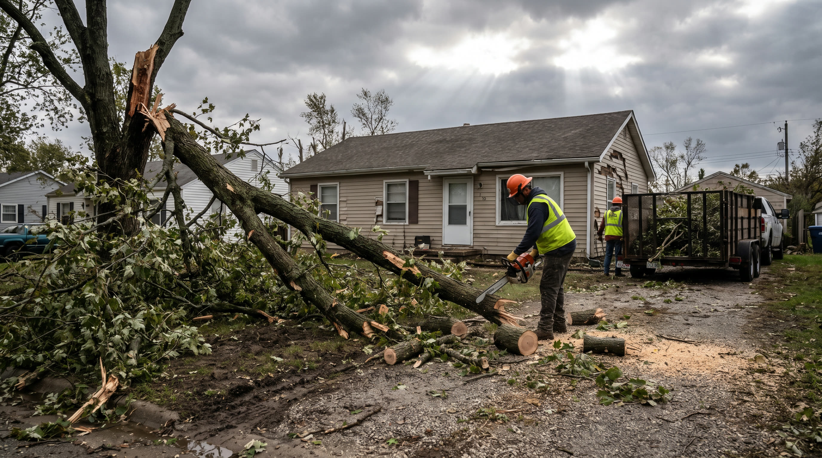 Tree service worker clearing a large storm-damaged tree limb that fell across a yard near a house in Missouri after a severe thunderstorm