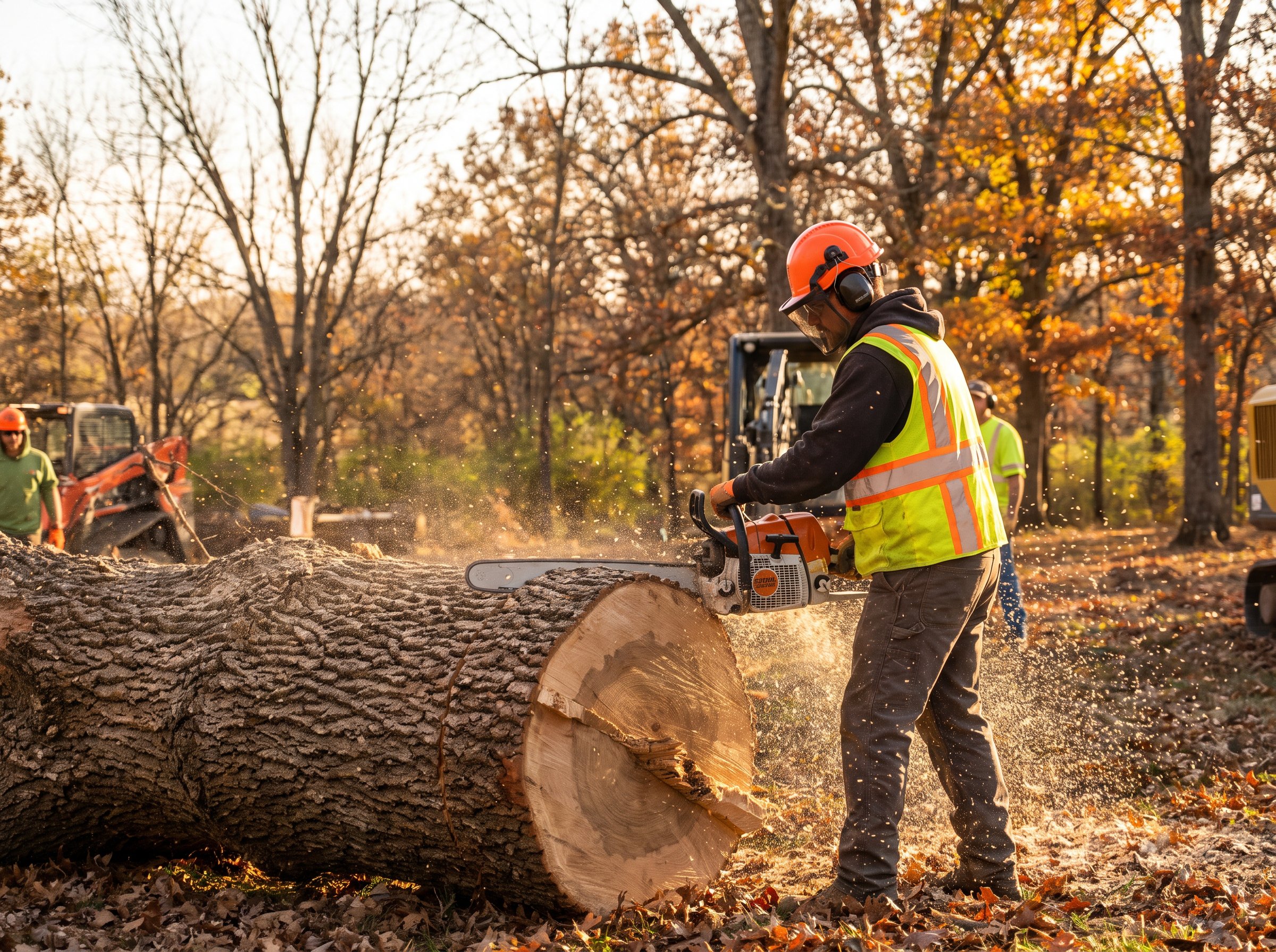 Skaggs Tree Service crew member cutting through a large fallen tree trunk with a chainsaw during a tree removal job in Lincoln County, Missouri